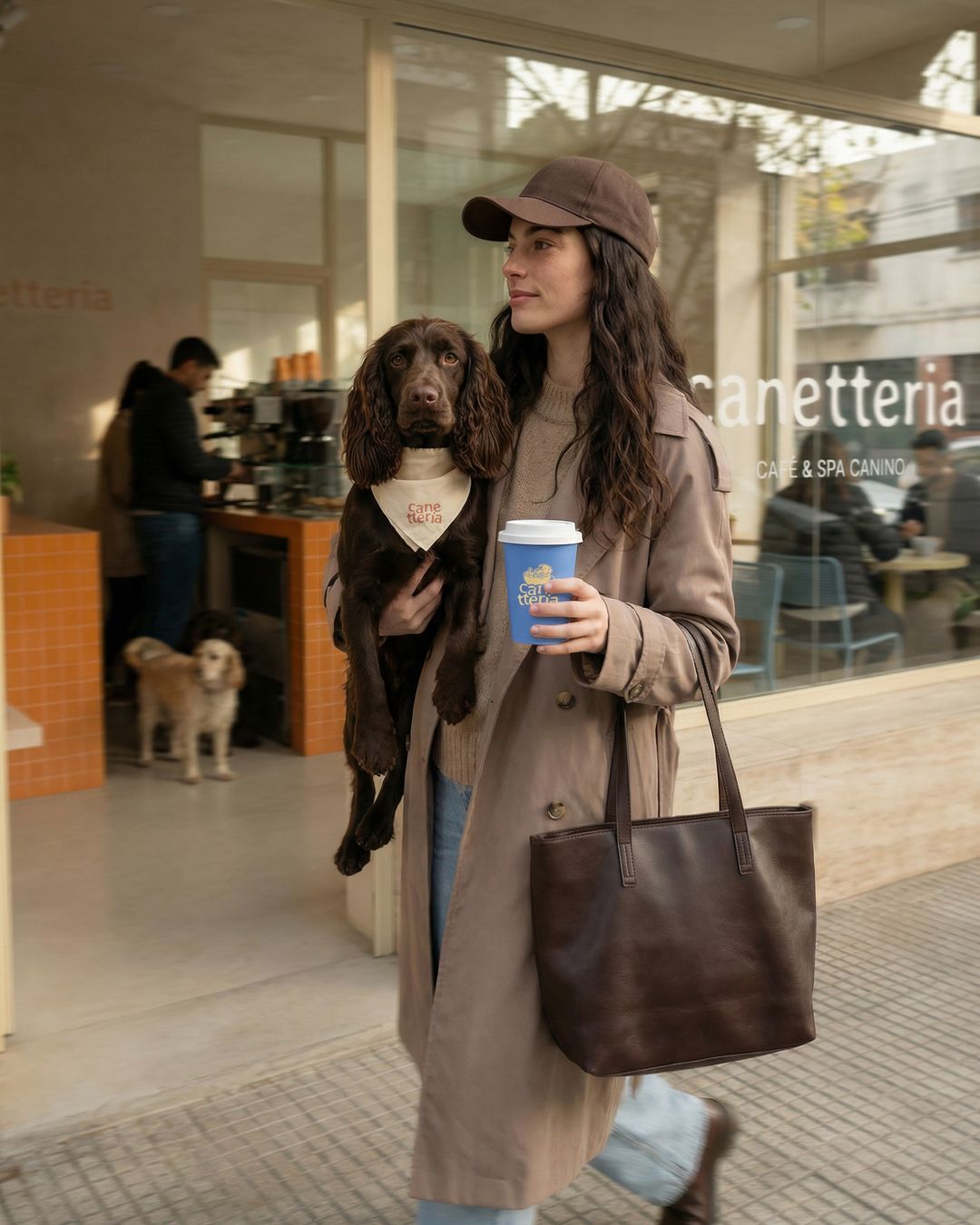 Canetteria: mujer con un spaniel en brazos y un café, frente al local